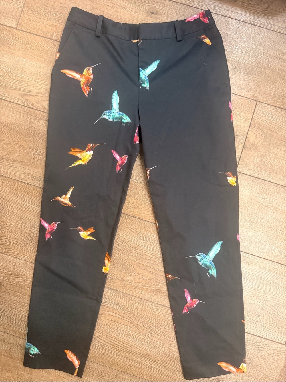 Black Slim Hummingbird Dress Pants with Multicolor Hummingbird Print 0508